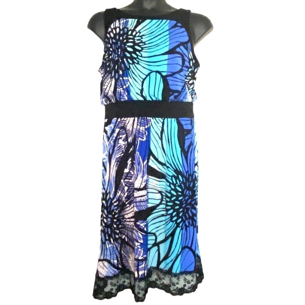 Ruby Rd. Blue Sleeveless Dress With Lace Trim L